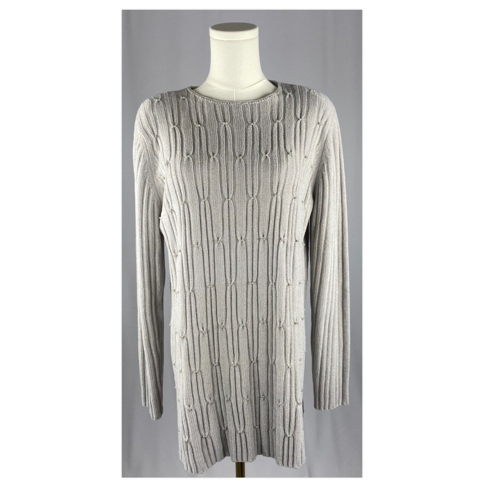 VNT Worthington Sweater Womens M Gray Beaded Ribbed Knit Longline Tunic Coquette